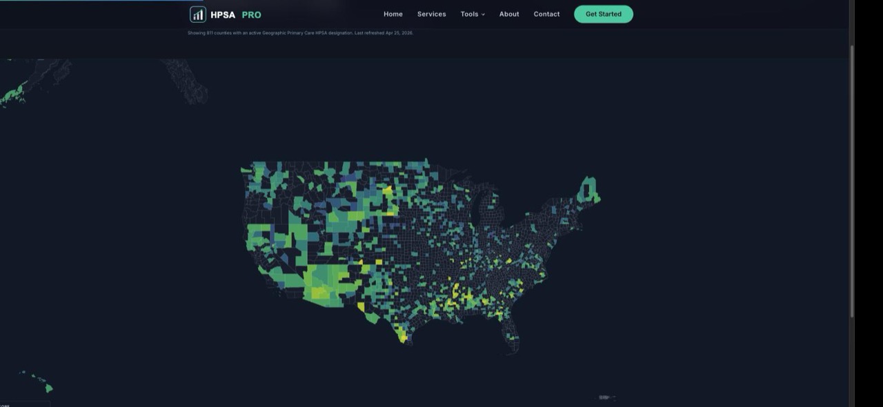 National HPSA Atlas: U.S. county heatmap of Geographic Primary Care HPSA designations, viridis color scale on a dark slate background